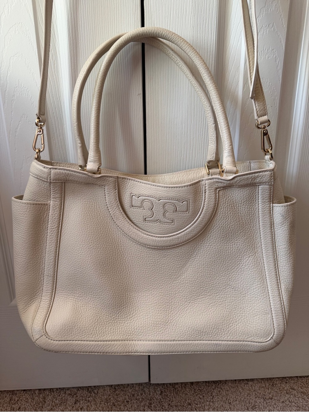 Tory Burch White Pebbled Leather Tote with Shoulder Strap